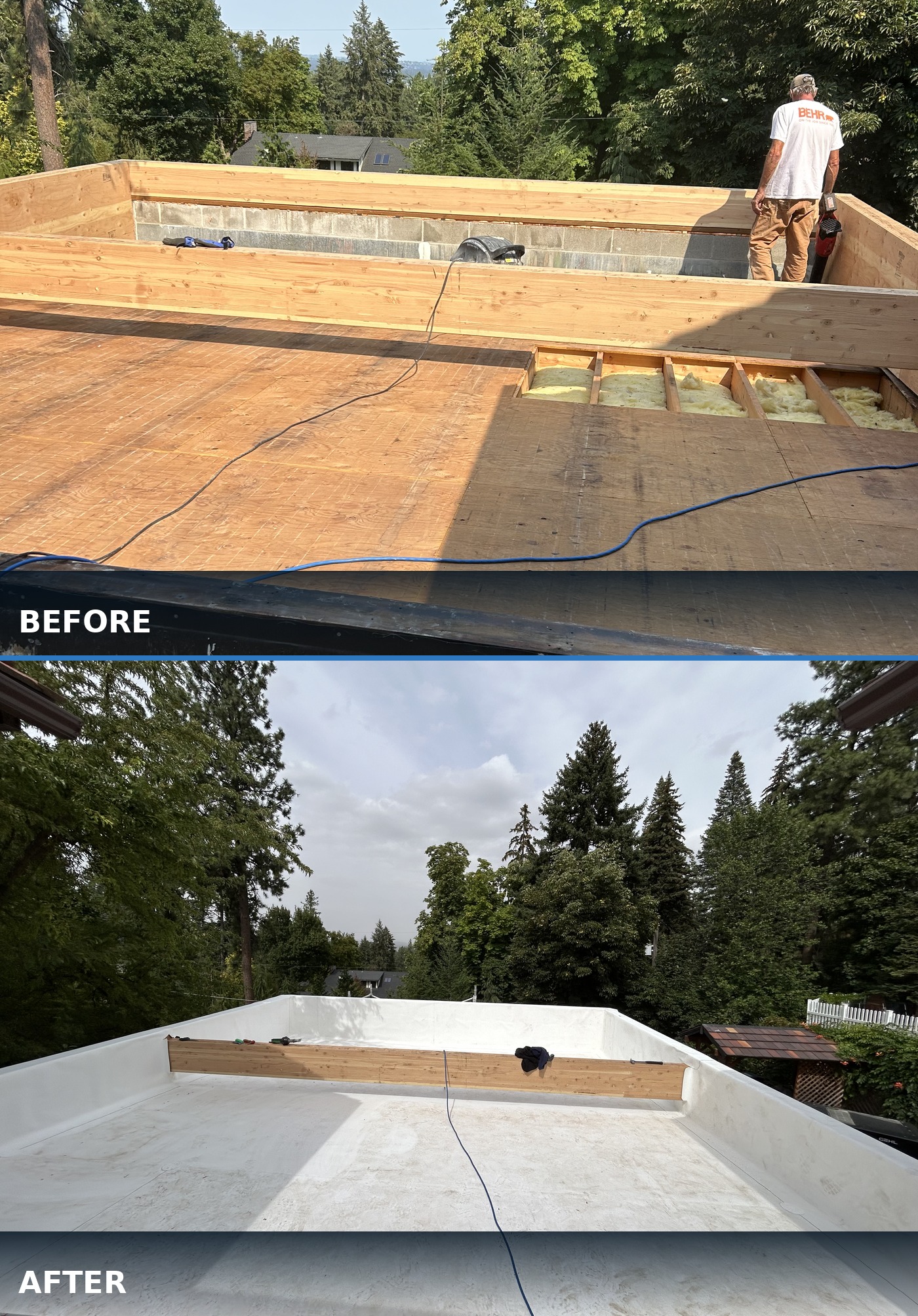 Before and after photos of a full commercial roof reroof, same rooftop from bare deck to finished white membrane