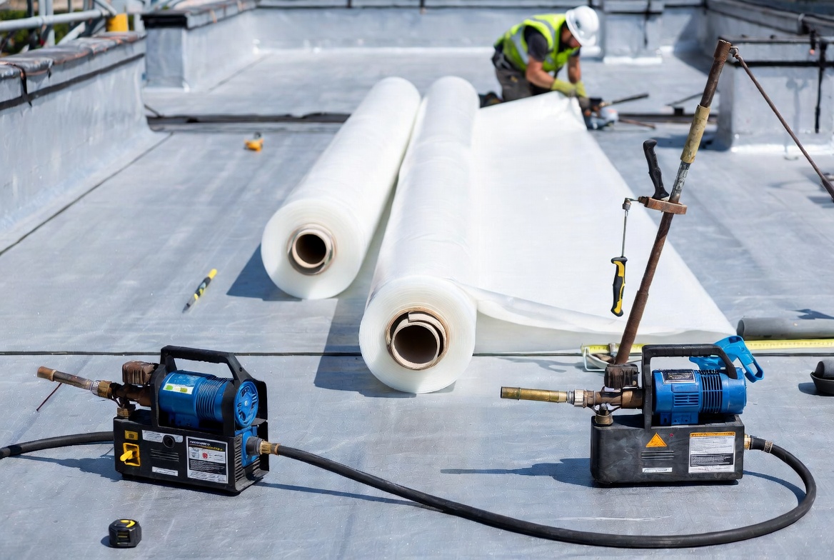 Membrane rolls staged on a commercial flat roof with crew in the background