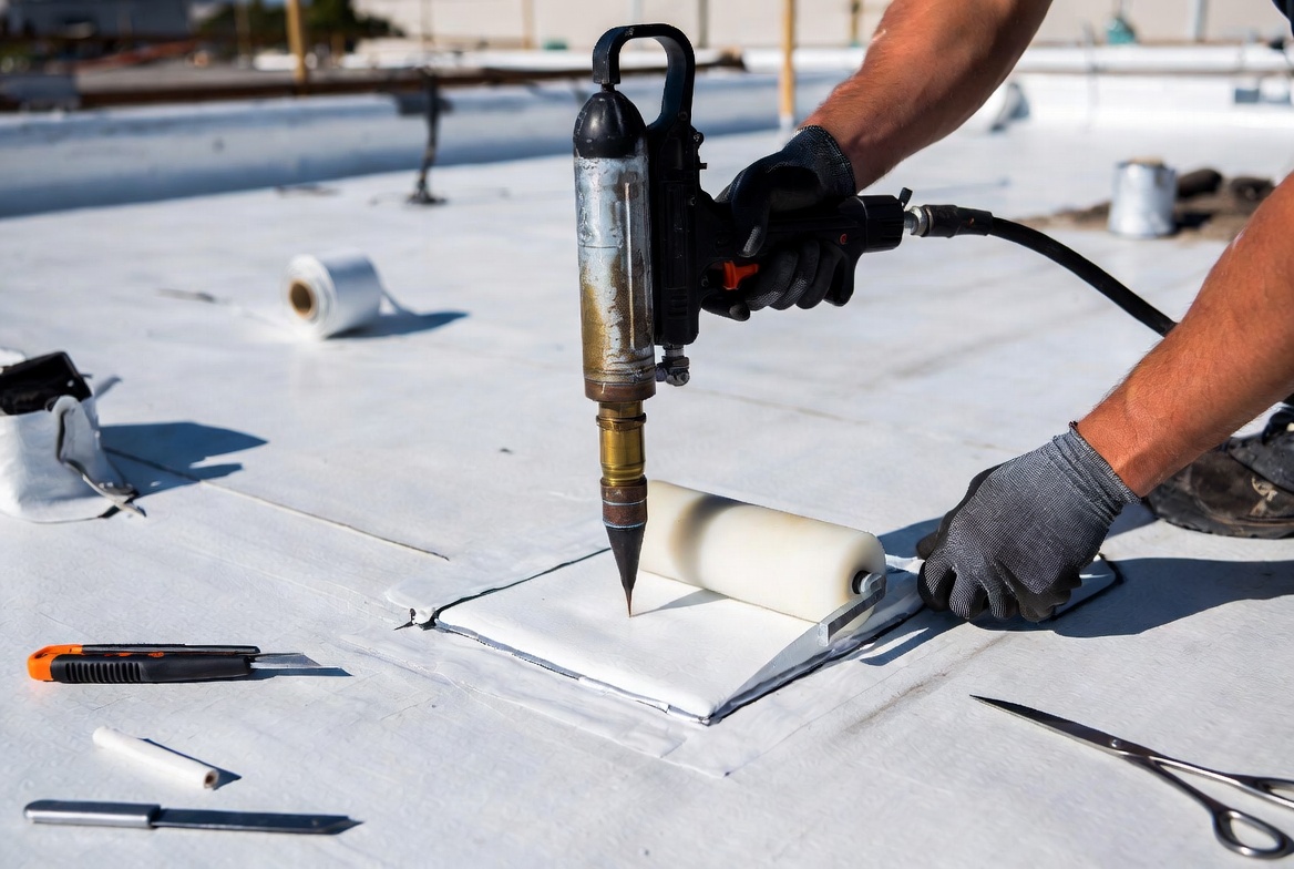 Heat-welding a TPO membrane seam on a commercial flat roof